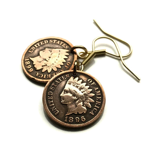 USA coin earrings Native American Indian Head 1 Cent First Nations Chief Tribal feathered headdress War bonnet Great Plains Civil War Navajo Cherokee Choctaw Chippewa Sioux Apache Blackfeet Creek Iroquois Lumbee Pueblo Chickasaw Yup'ik Potawatomi e000171